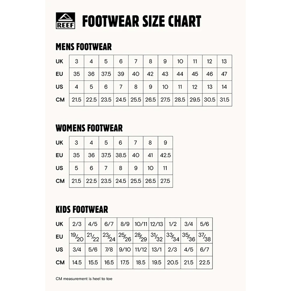 Reef Footwear 23 Mens Size Chart